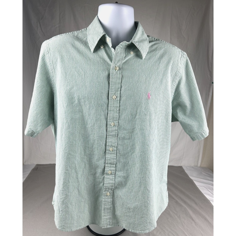 Ralph Lauren Shirt Mens Large Green Striped Seersucker Button‎ Down Short Sleeve